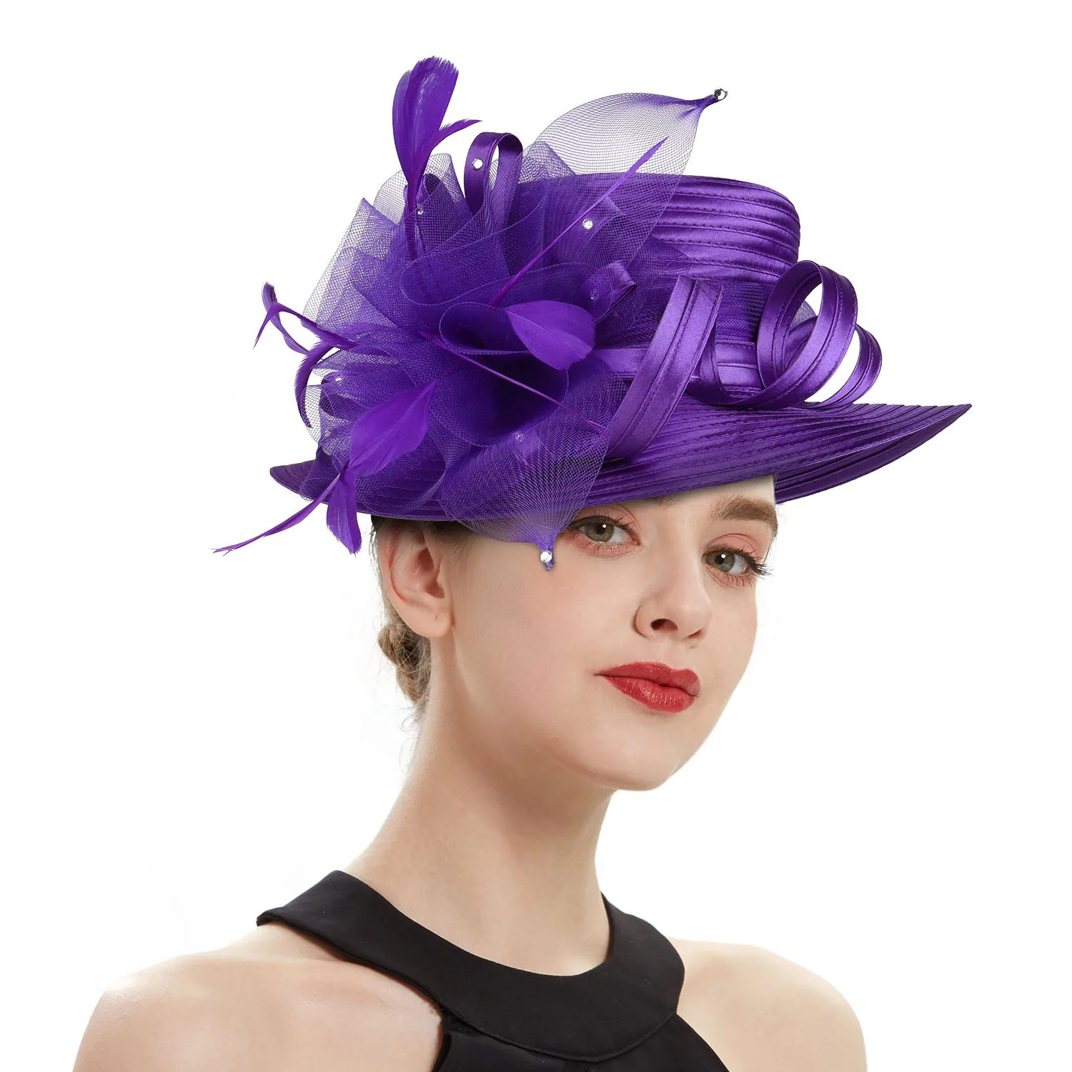 Purple Premium Satin Cloth Church Hat Deluxe Luxury Elegant Photography Hat Beauty Fancy Formal Flower Fascinator Hat Female