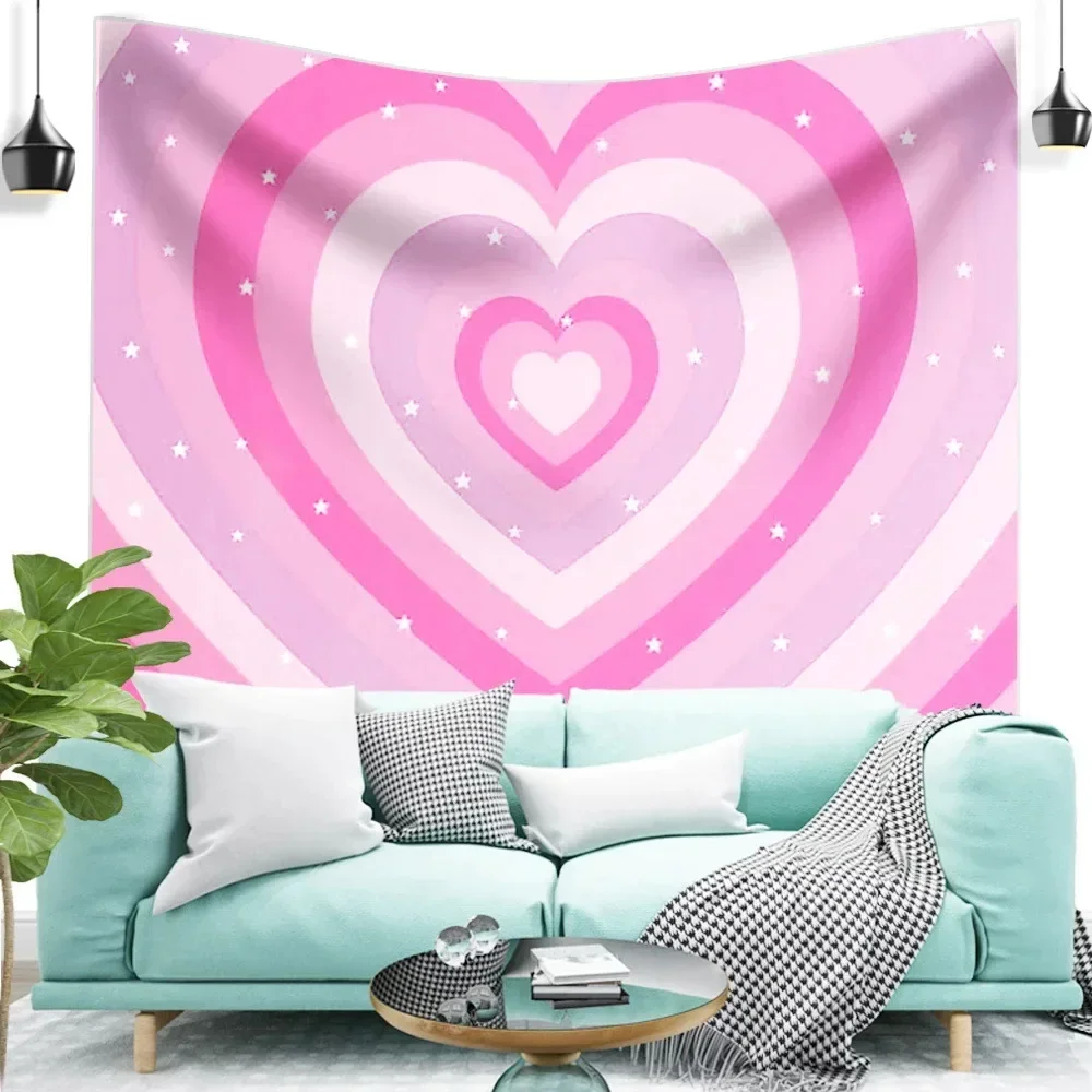 Aesthetic Heart Star Print Tapestry Couple Dormitory Pink Style Hippie Boho Wall Tapestries Mandala Fabric Mat Living Room Deco