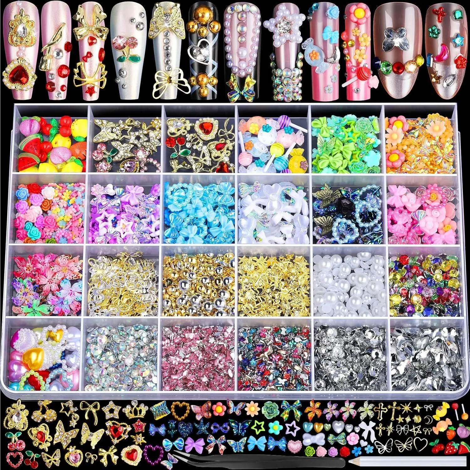24 Grid Resin Nail Art Kit Mixed Charms Flowers Butterfly Heart Pearl DIY Nail Decoration Accessories Storage Box Set