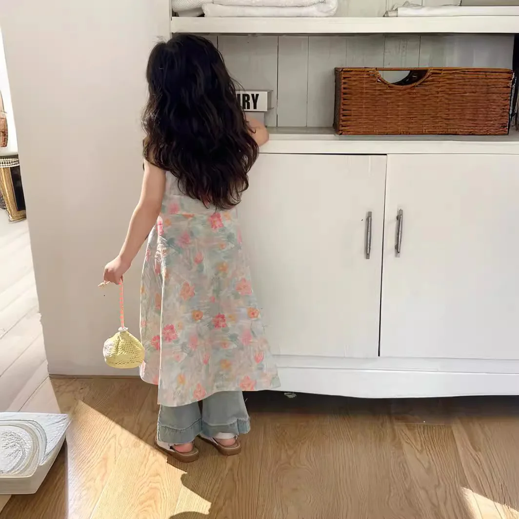 Chemise à beurre fragmentée pour filles, robe à fleurs douces, écharpe pour enfants, moyenne et petite, été, nouveau, 24