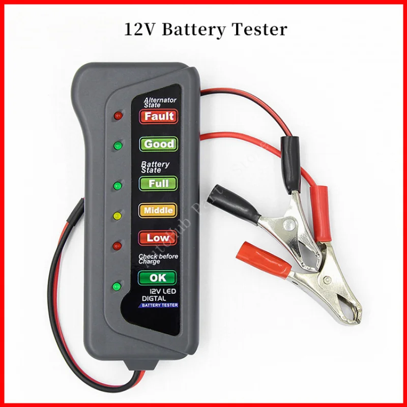 

Портативный тестер автомобильного аккумулятора 12 В с 6 светодиодными дисплеями, проверка генератора для авто мотоцикла