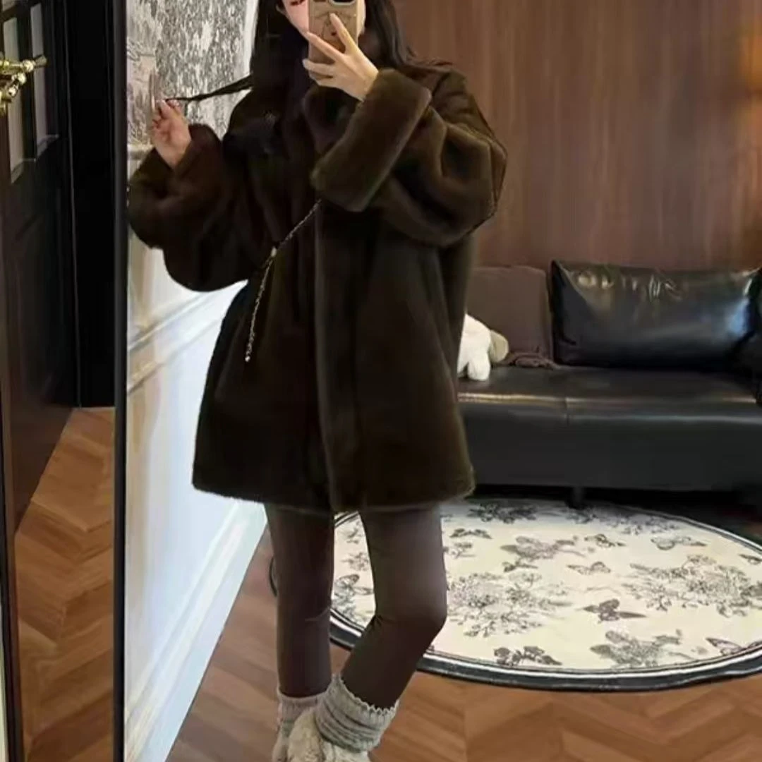 Fur Stand-up Collar Jacket New Winter Medium and Long Long Loose Imitation Mink Elbow Sleeves