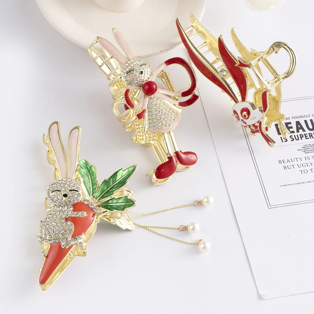 Rhinestone Rabbit Carrot Pearl Tassel Hair Claw For Women Cute Crab Hair Clip Barrettes Hairpin Female Ponytail Hair Accessories