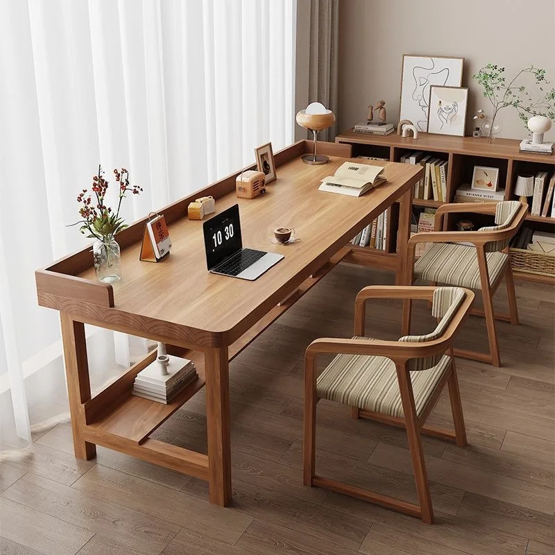 Solid wood laptop computer desk Double study table Double layer against the wall Narrow desk