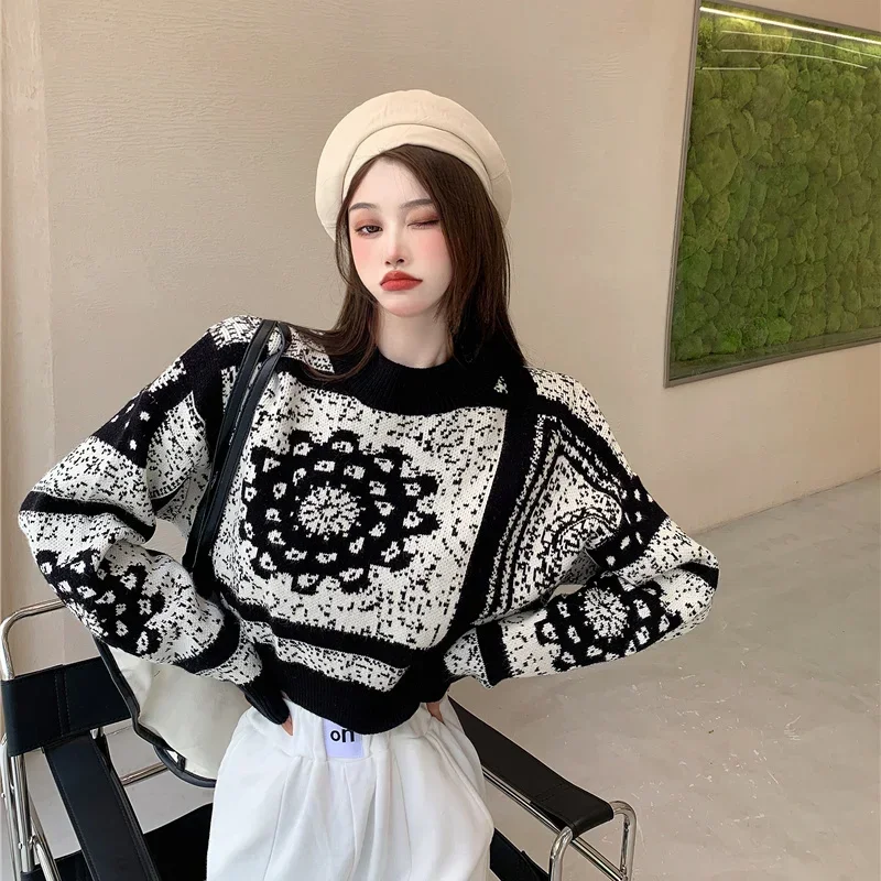 Women\'s Sweater Graphic Short Knit Tops for Woman Crop Pullovers Round O Neck Long Sleeve Crochet Korean Style Winter 2024 Sale