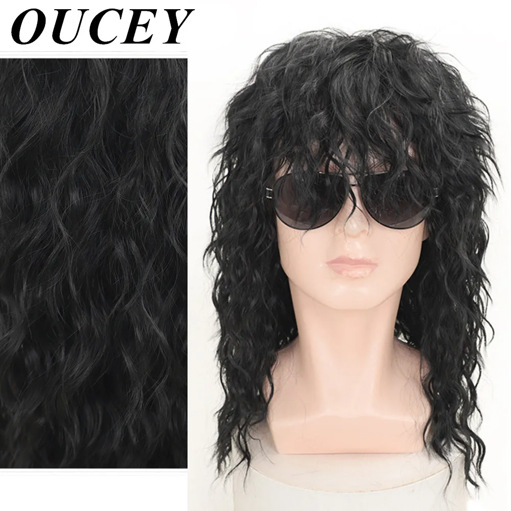 OUCEY Synthetic Wigs for Men Cosplay Wigs Male Brown Black Wig Fluffy Nightclub Curly Wigs on Sale Clearance