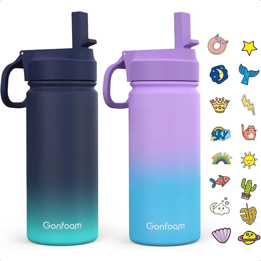 

Water Bottle 2Pack 16oz Water Bottles with Stickers and Straw Stainl Steel Vacuum Insulated cup Water Bottle for School Gifts f