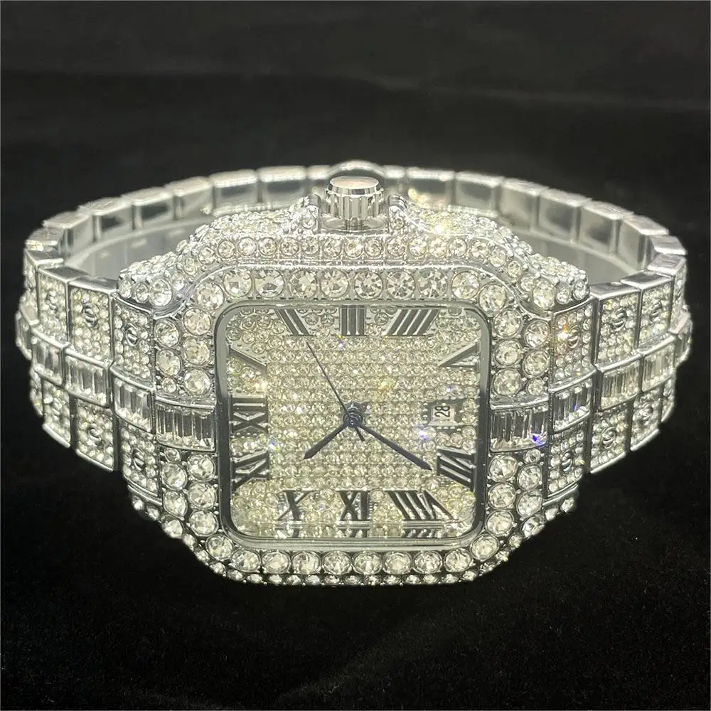 

2024 Fashion Men's Quartz Watch Luxury Brand MISSFOX Square Watches Unique Hip Hop Full Diamond Wristwatches Men Original Gifts