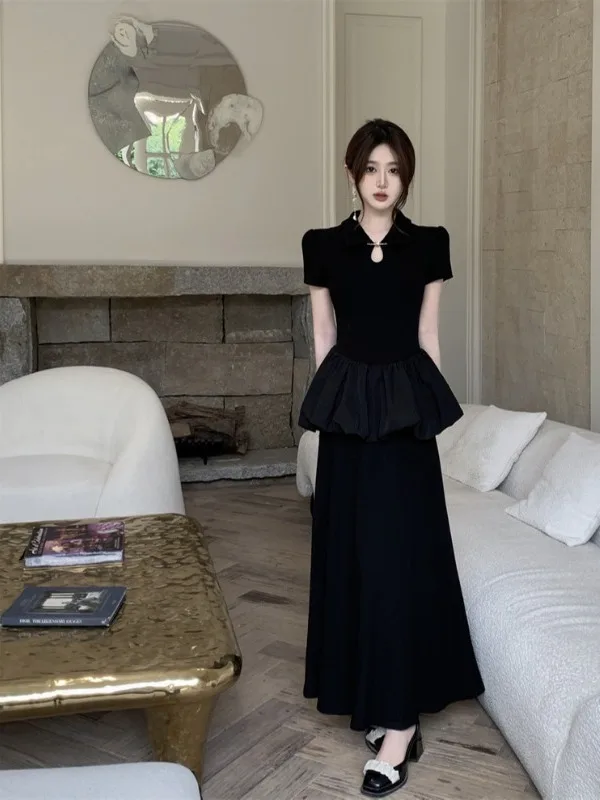 

Retro Neo-chinese Black Skirt Set Women's Lapel Hollowed-out Hemmed Swing High-waisted Slim A-line Skirt Chic Office Outfits