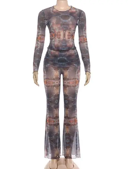 

Женский комплект из двух предметов, весна-осень 2026, новый комплект с длинными рукавами и круглым вырезом с принтом, сексуальный перспективный топ и брюки с высокой талией