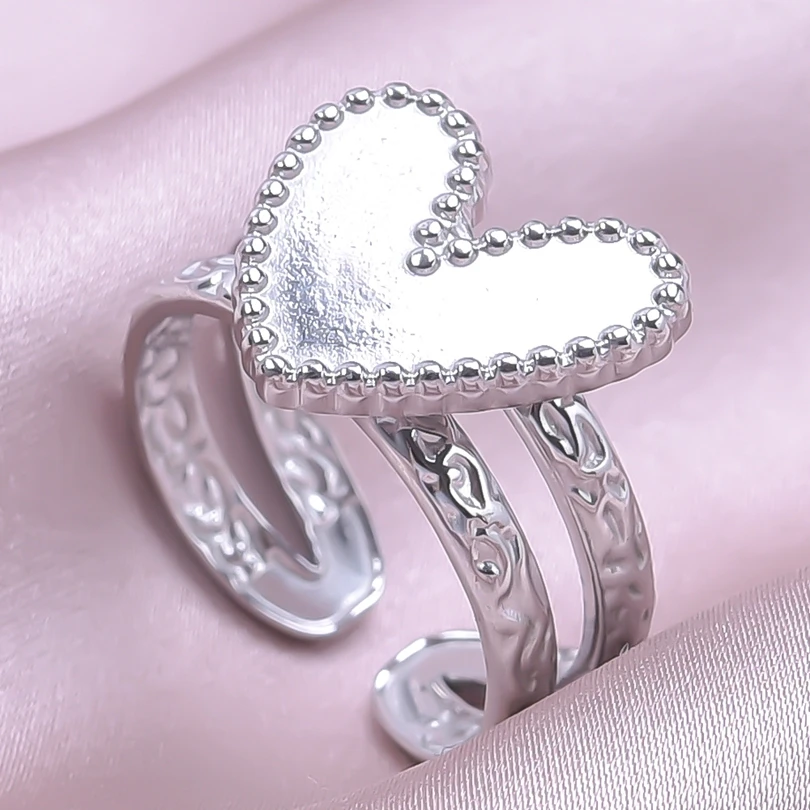 Never Fade Love Accessories Open Adjustable Stainless Steel Heart Rings For Women Men\'s Jewelry Silver Color Finger Ring Jewelry