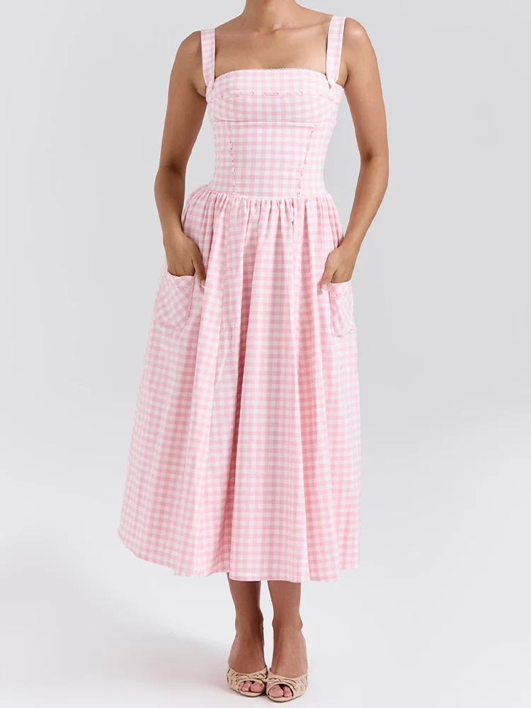 Cotton and French pastoral pink and white checkered vest suspender dress ins ladies wear ropes and pockets to show slim waist lo