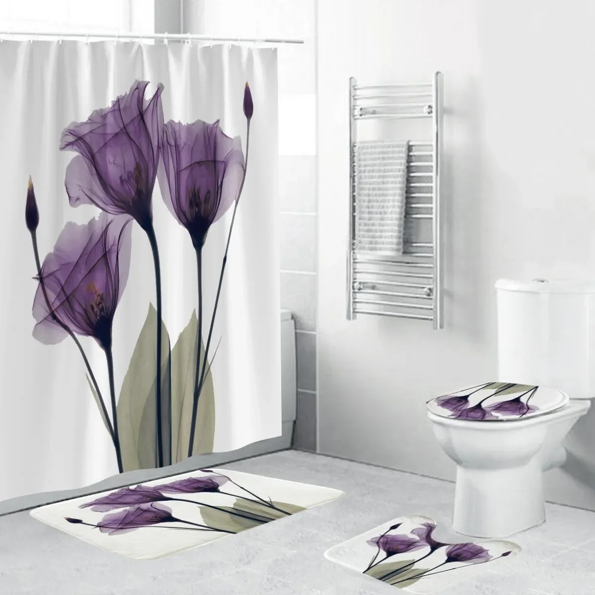 4 Pcs Purple Floral Shower Curtain Set Waterproof Fabric Bath Curtain Tulip Non-Slip Bath Mat Toilet Lid Cover Bathroom Decor