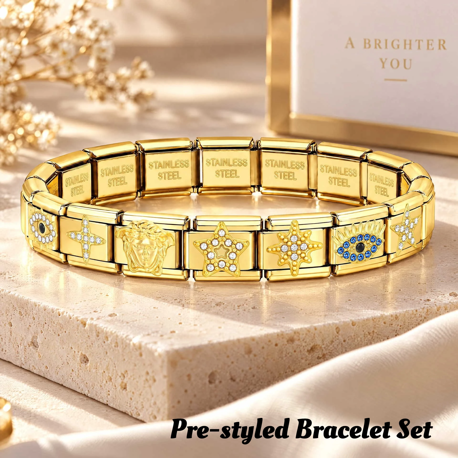 Y2K Pre-Styled Set Moon Eye Star 9mm Italian Charm Bracelet Stainless Steel Bangle Elastic Chain High Quality Factory DIY Gifts