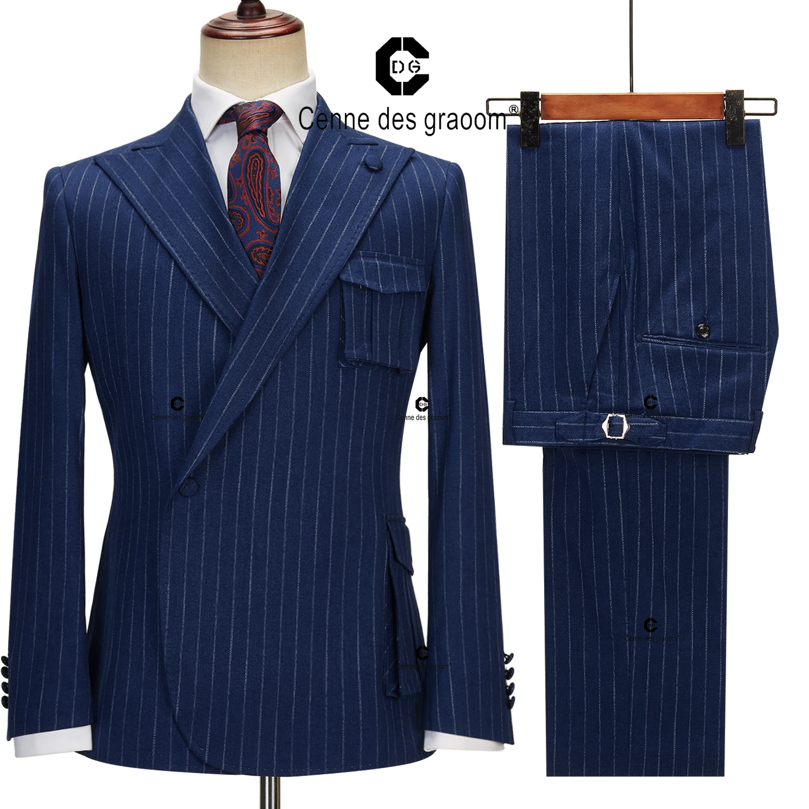 Cenne Des Graoom 2023 Blue Pinstriped Suits for Men Right Side Button Peak Lapel Jacket Pants 2 Pcs Slim Fit Groomsman Wedding