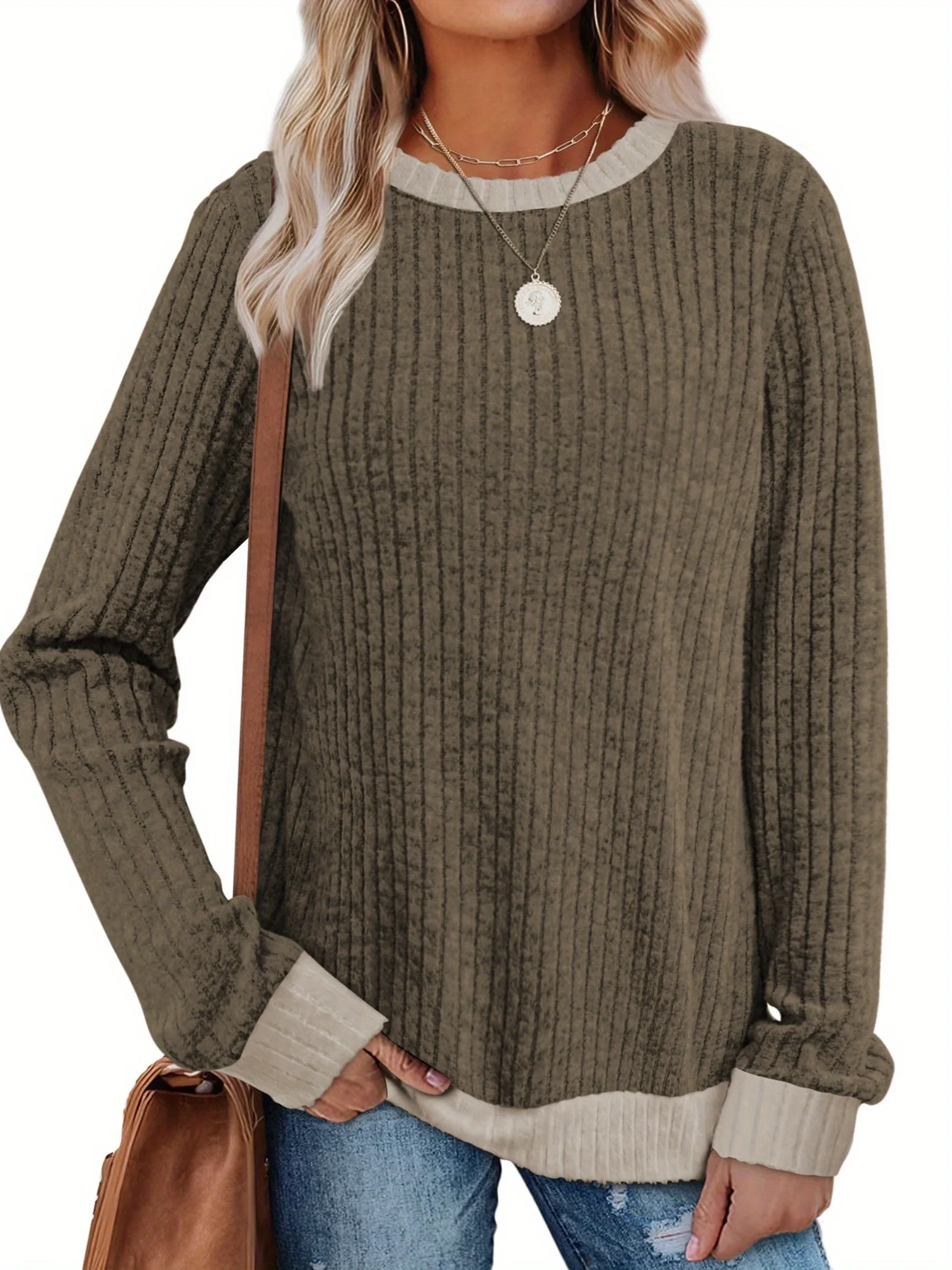 Ribbed Knit Sweater - เสื้อสเวตเตอร์แขนยาวผ้าริบสำหรับผู้หญิงไซส์ใหญ่ Cozy Plus ให้ลุคสบายๆ ดูดีอย่างง่ายดาย