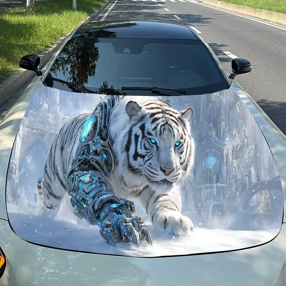 Cyber Ice Field Mechanical White Tiger Car Vinyl Wrap, PVC Material Waterproof Car Hood Sticker, Self-Adhesive Scratch-Resistant