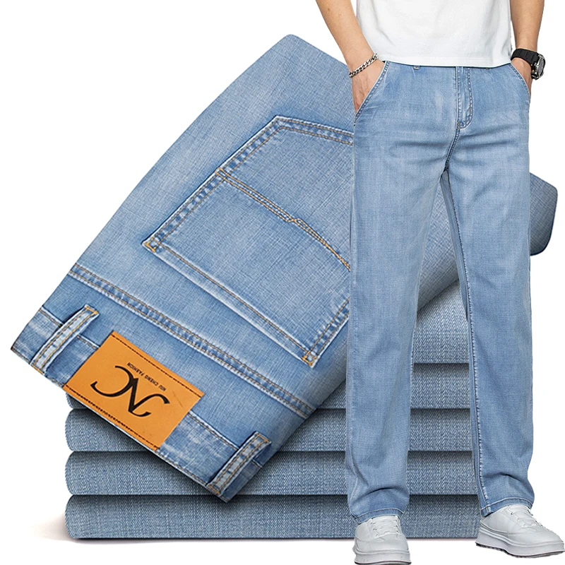 Lyocell tessuto estate Jeans da uomo ultrasottili morbido drappo sciolto dritto marchio Casual Denim pantaloni Street gamba larga pantaloni