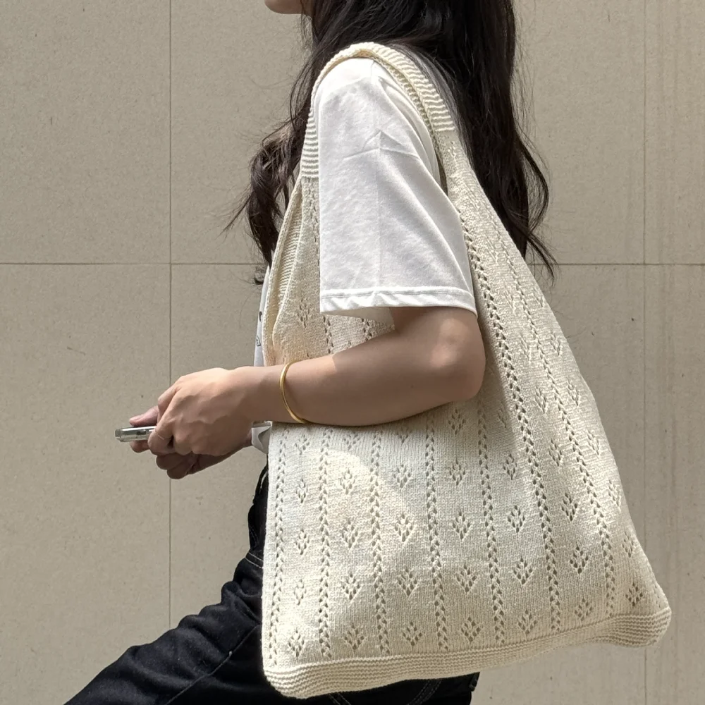 

Retro Shoulder Bag Women'S Hollow Knitted Handbag Korean Fashion Large Capacity Tote Bag Casual Commuting Shopping Bag