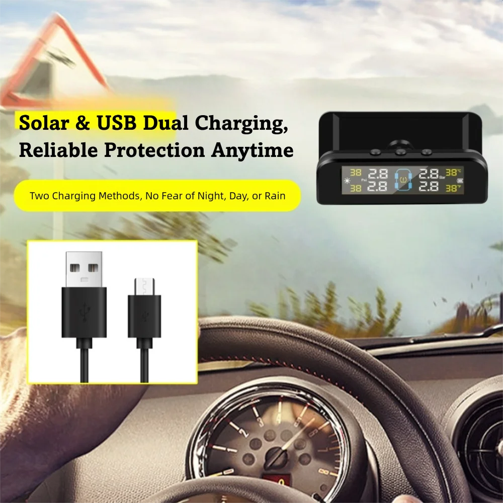 Color Screen Car Solar TPMS Auto Power Off Temperature Check Tyre Pressure Monitor System LED Display 4 Sensors
