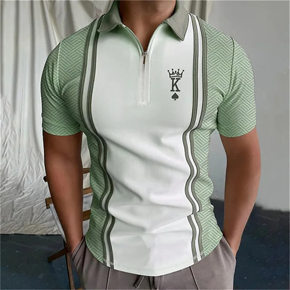 Camisetas de póker para hombre, Camisa lisa de manga corta con cuello vuelto, con cremallera y letras de Golf, holgada y transpirable