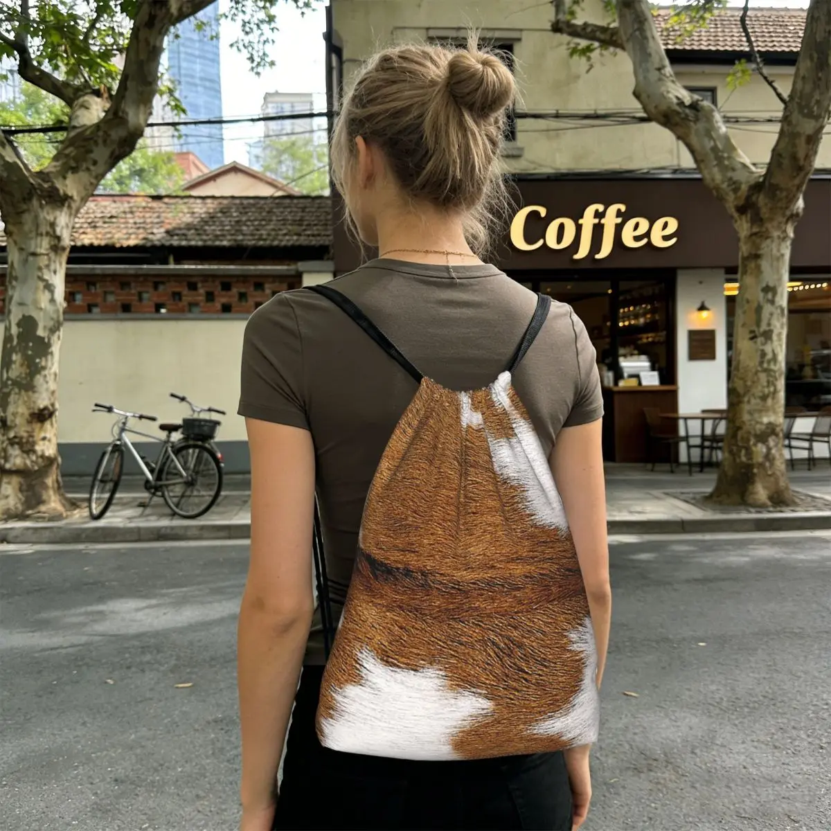 Stylish Cow Fur Cowhide Texture Cow Skin Print Patter Backpacks Casual Drawstring Bundle Pocket Sports Bag Book Bags