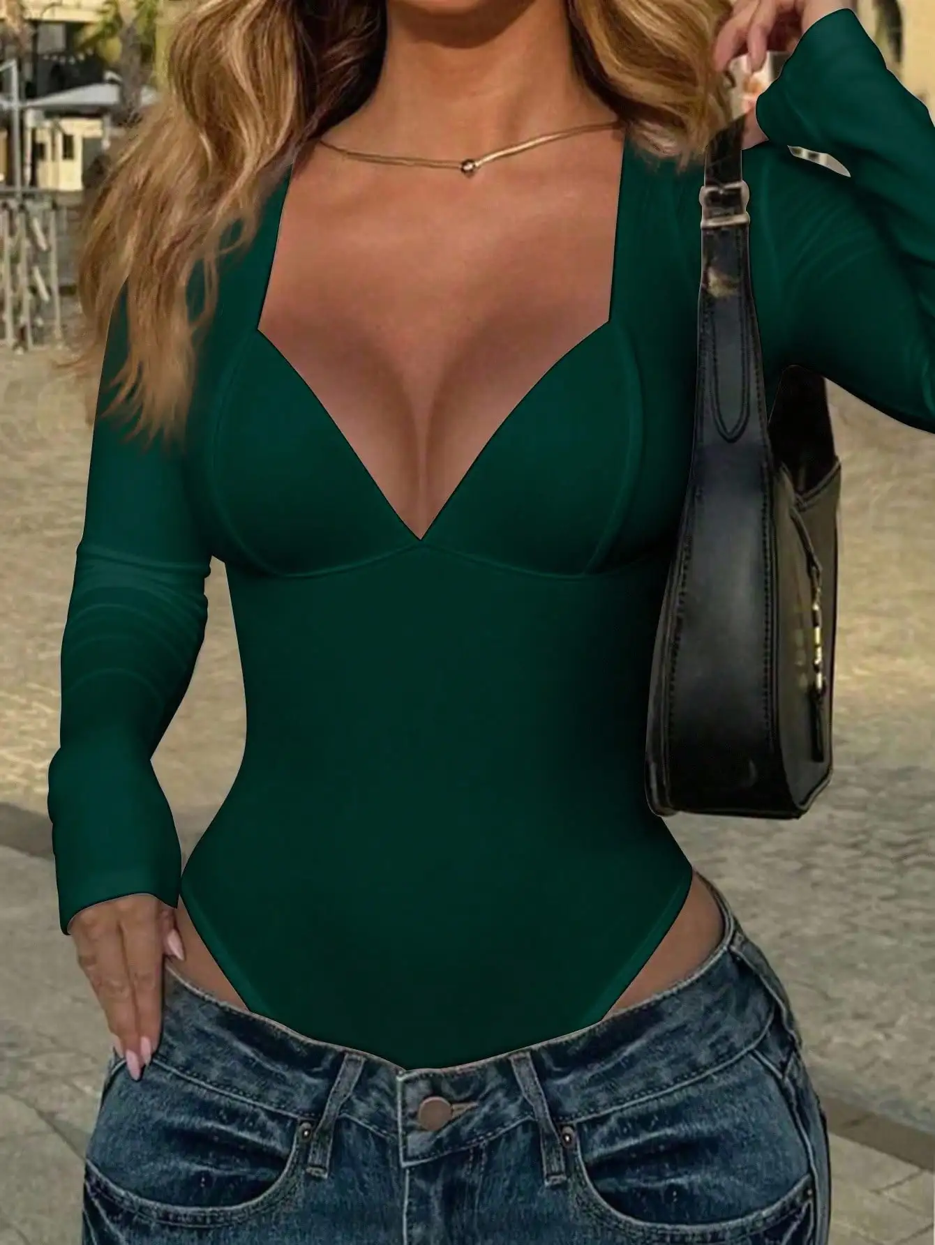 

Women's Deep V-Neck Long Sleeve Solid Bodysuit with High Stretch