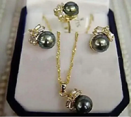 Jewelry CHARMING 100% Natural Black Pearl Earring Ring & Necklace Set-Bride jewelry