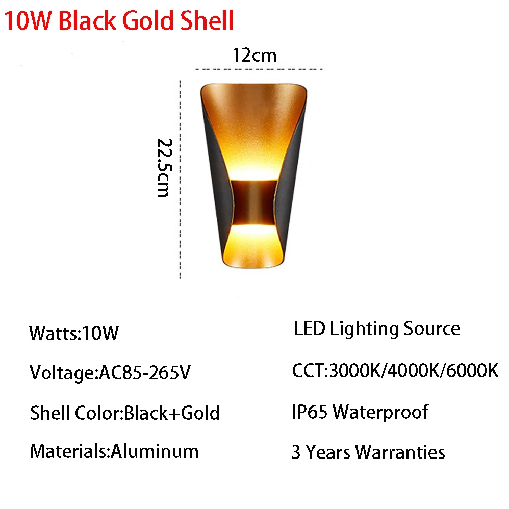 LED Wall Lamp AC85-265V 6W/10W Indoor/Outdoor Home Lighting Modern Minimalist Style IP65 Waterproof Black/White+Gold Shell Lamp