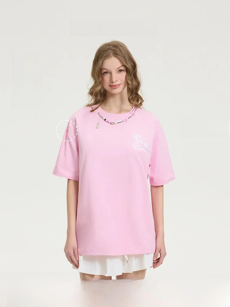 

Модная женская футболка с круглым вырезом и буквенным принтом, летняя новинка NOISY TEDDY, милый 3D-медведь, хлопковый повседневный топ