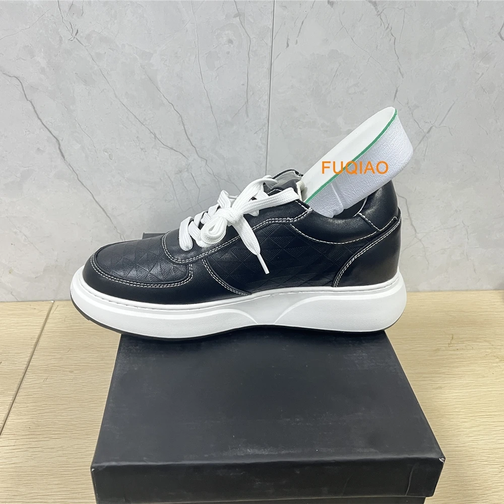 Man Classic Black/White High Quality Leather Elevator Sneakers for Men with 7cm Height Increase Chunky Casual Shoes Lift Sports