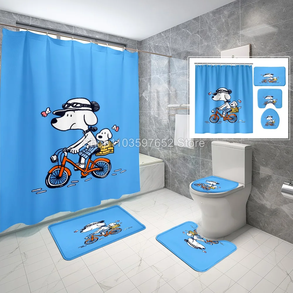 Cute Snoopy Bathroom Accessories 4 Piece Set Mats And Shower Curtain Anime Sets Full Luxury Curtains