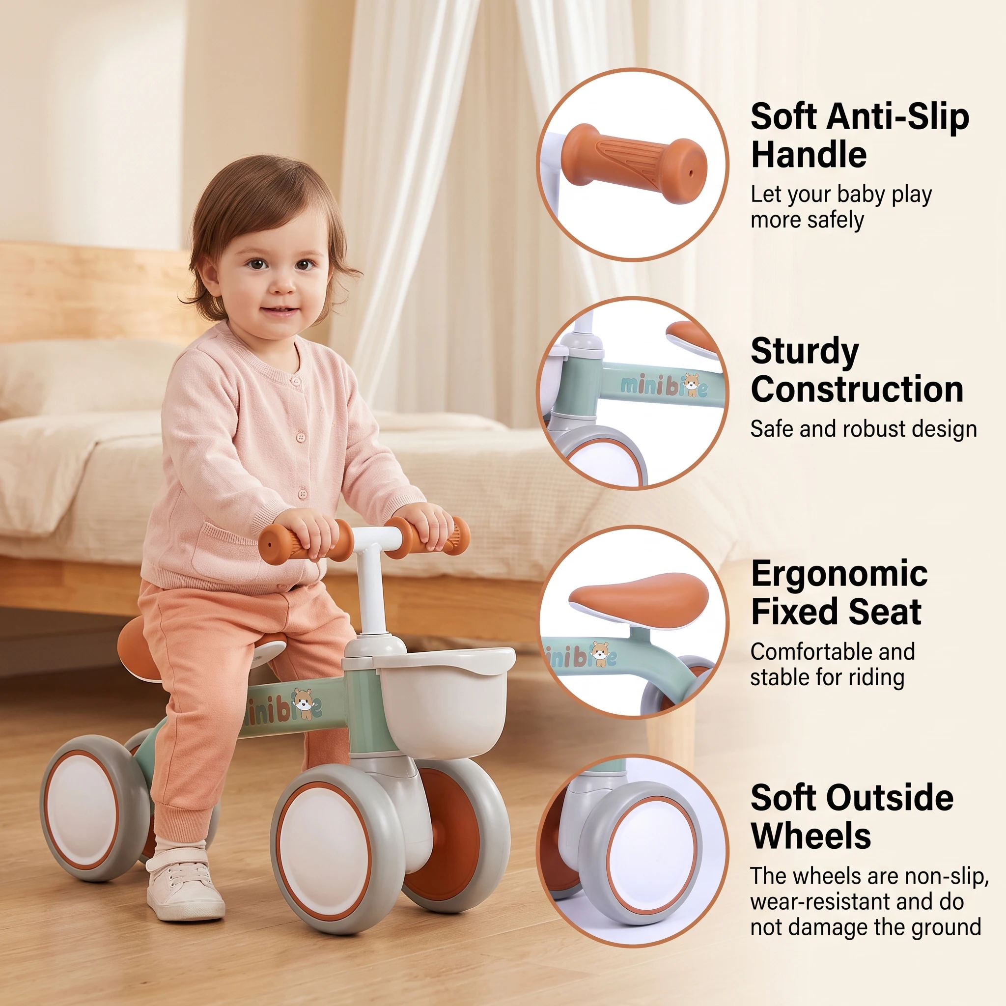 Baby Balance Bike Gyerekeknek 1 Éves Korig Eltávolítható Kosárral 4 Kerekű Kisgyermek Kerékpár
