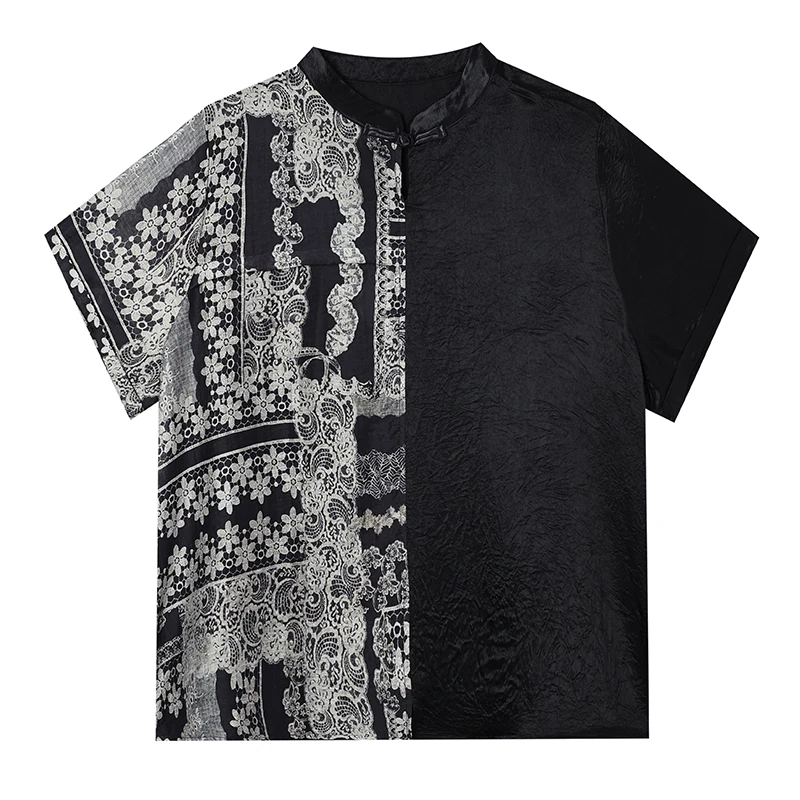 ゆったりとした夏用薄手の襟付きスタンドカラー、女性用カジュアルなゆったりシフォンブラウス、ボタン付きプリント柄、大きいサイズ