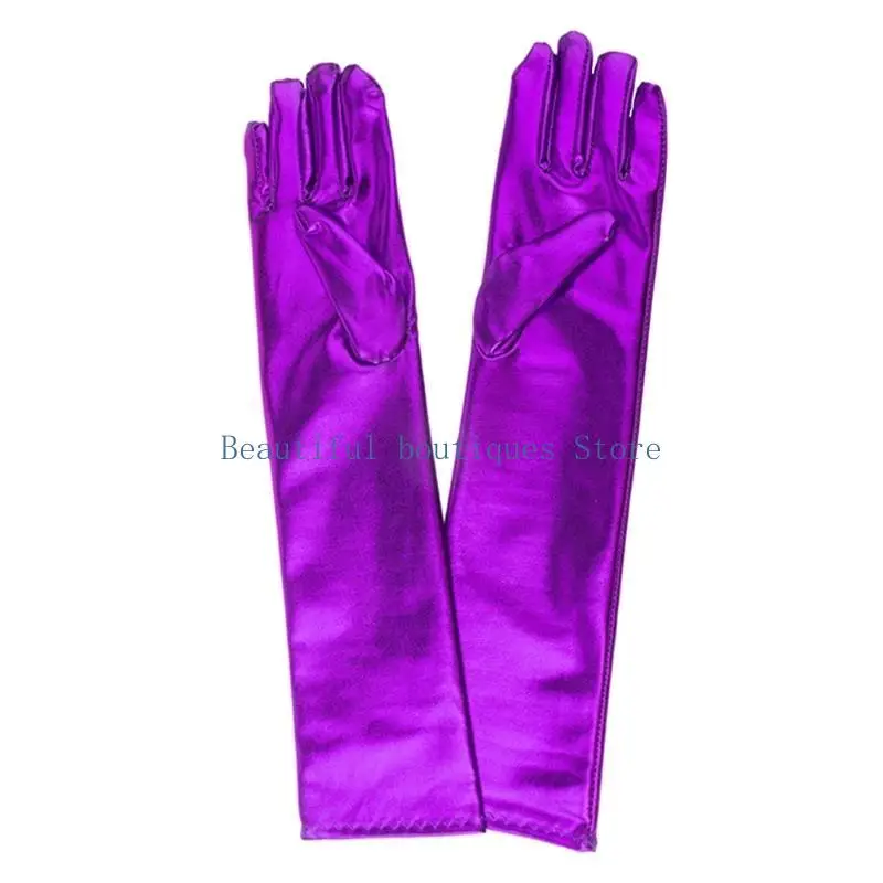 U4LF Women Faux Leather Metallic Gloves Sparkly Wetlook 17inch Elbow Length Gloves
