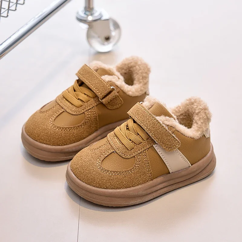 Girls Warm Shoes Toes Capped Non-slip for Winter Children Flat Shoes Korean Style 2025 Winter Kids Fashion Shoes Sweet Hook&loop