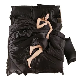 Nordic Satin Silk Bedding Set with Duvet Cover Bed Sheet Pillowcases Luxury Solid Single Double Couple Pillow Case Bedsheet