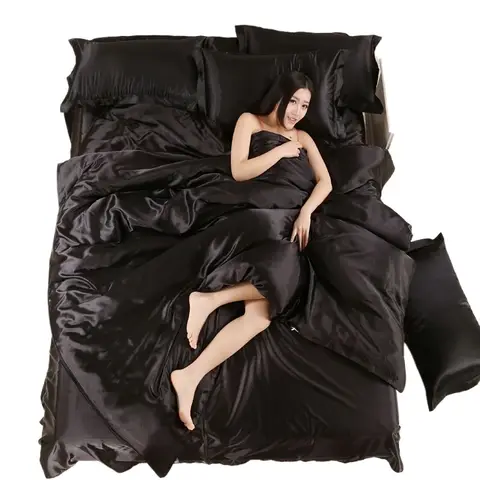 Nordic Satin Silk Bedding Set with Duvet Cover Bed Sheet Pillowcases Luxury Solid Single Double Couple Pillow Case Bedsheet