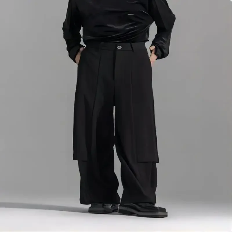 

Large size Original Deconstructed Design Neutral Style Double Layer Spliced Loose Wide Leg Warrior Pants for Men's Skirts