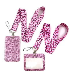 Pink Leopard Print Lanyard Credit Card ID Holder Bag Student Women Travel Card Cover Badge Car Keychain Decorations