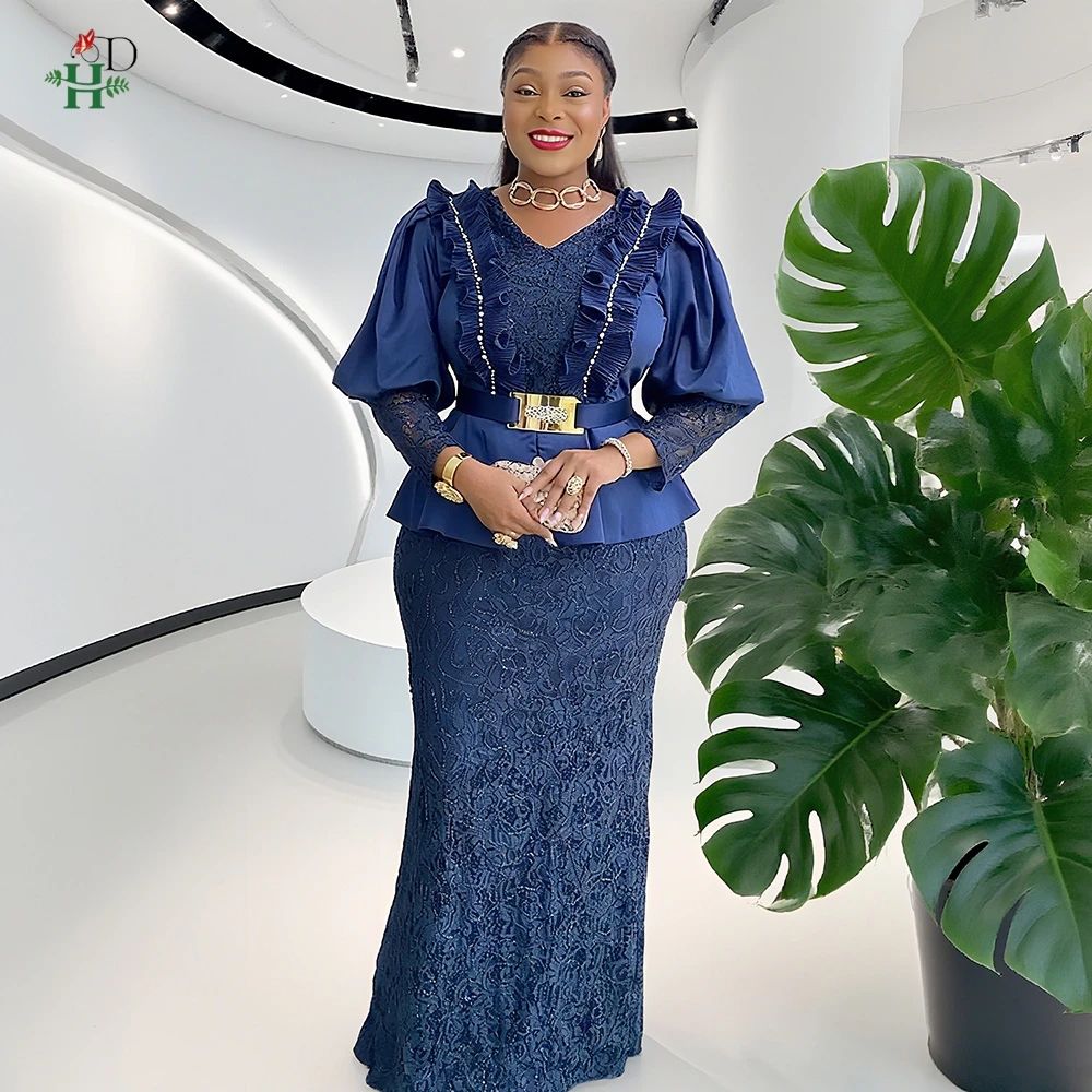 

Plus Size African Style Lace Maxi Dress with Puff Sleeves Ruffled Peplum Top Elegant for Weddings Parties Evening Mermaid Gown