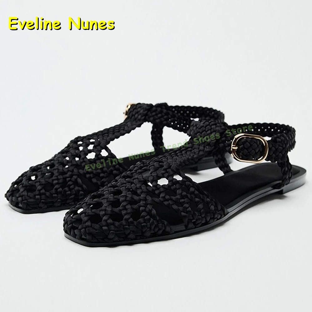 Women's Gold Woven Crochet Flat Sandals Ankle Strap Closed Toe Bohemian Summer Beach Casual Shoes Cut Out Solid 2026 Dress Shoes