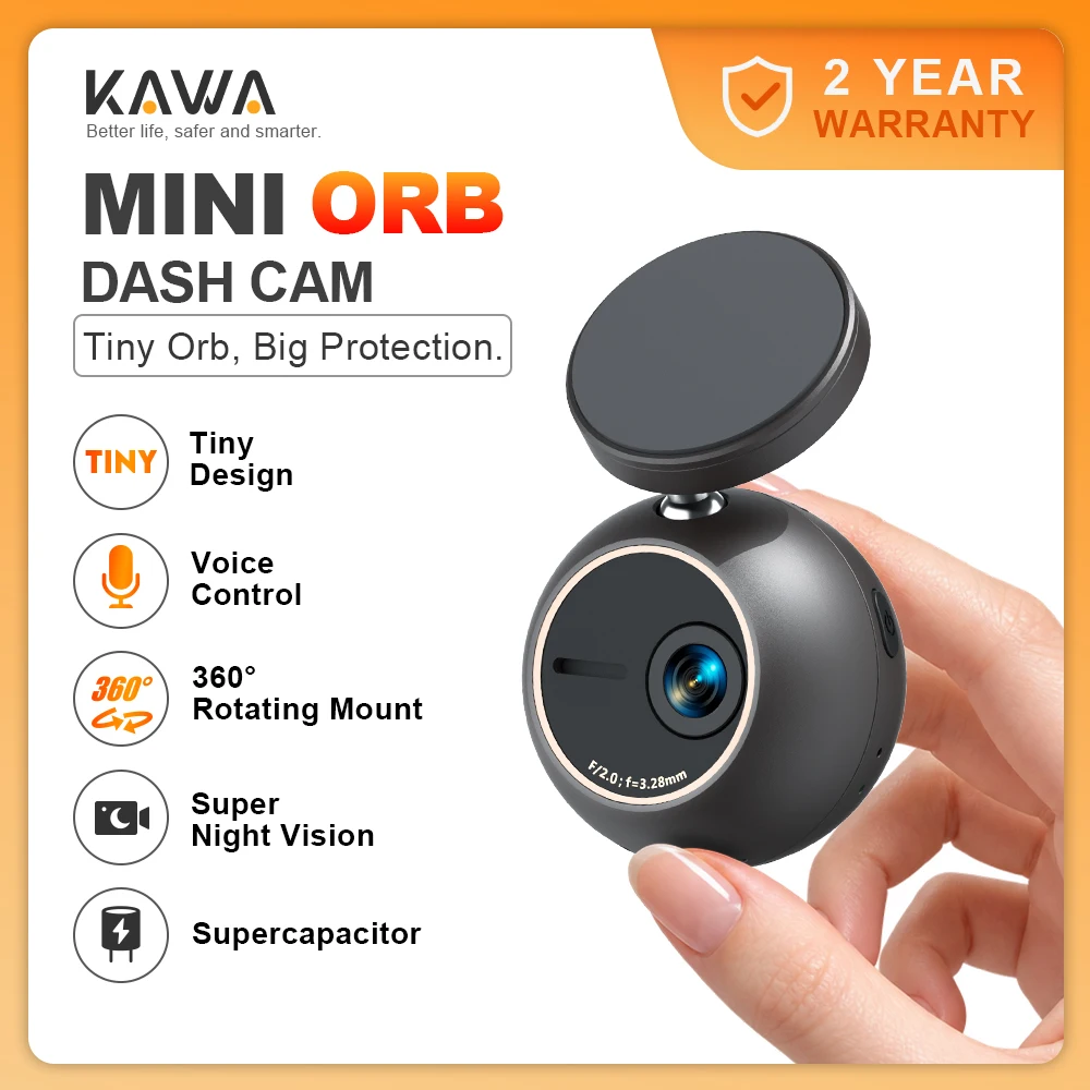 KAWA Dash Cam MINI ORB 2K Tiny Hidden Design Voice Control 360° Rotate 24H Parking Monitor G-sensor Mirroring Function Mini