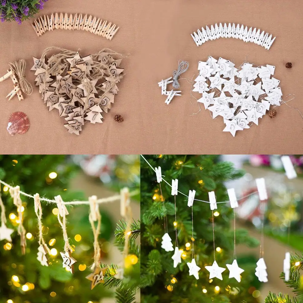 24PCS/set DIY Xmas Clips Ornament Countdown Hanging Tags Christmas Advent Calendar Wooden Pendant Number Label