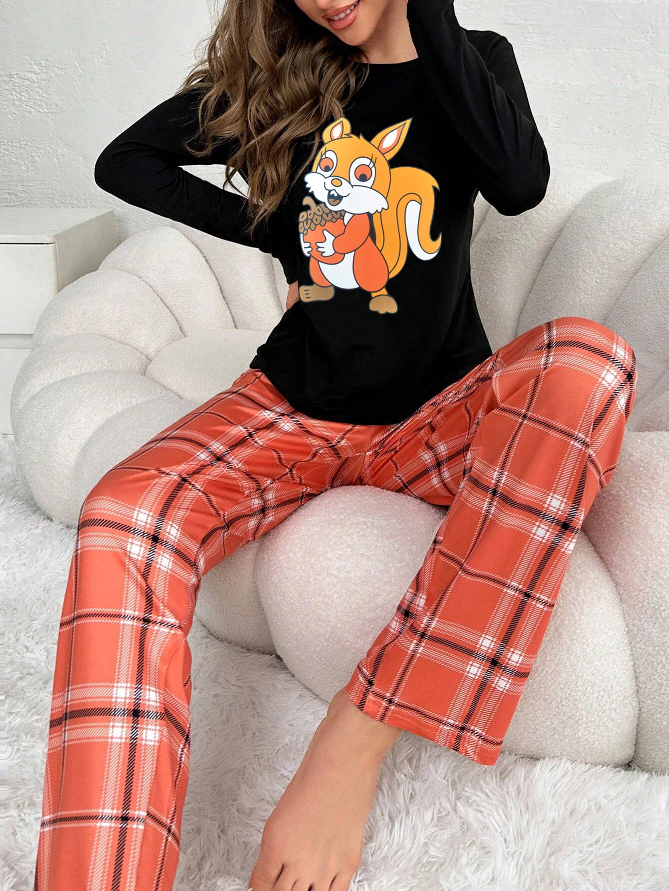 Women Pajama Set  Cut Cartoon Squirrel Print Long Sleeves Round Neck Plaid Pants Sleepwear Set Autumn Homewear Set Causal