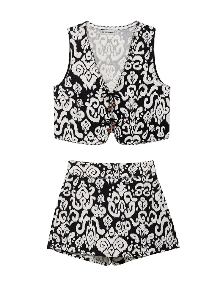 

SIYANG Women Fashion 2 Piece Set Printed Bow Lace Up V-Neck Vest & Vintage Side Zipper Skirts Shorts Female Chic Shorts Set