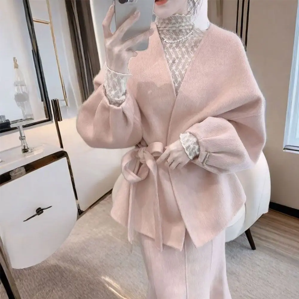 Shpmishal Korean Fashion Autumn Winter High-end Texture Temperament Small Fragrant Style Pink Jacket Half Skirt Two-piece Set