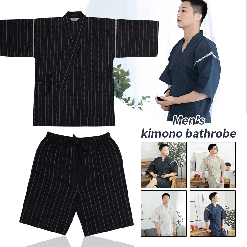 Homens verão japonês quimono conjunto meia manga shorts terno listrado cor sólida pijamas spa sauna banho wear coreano casual pijamas