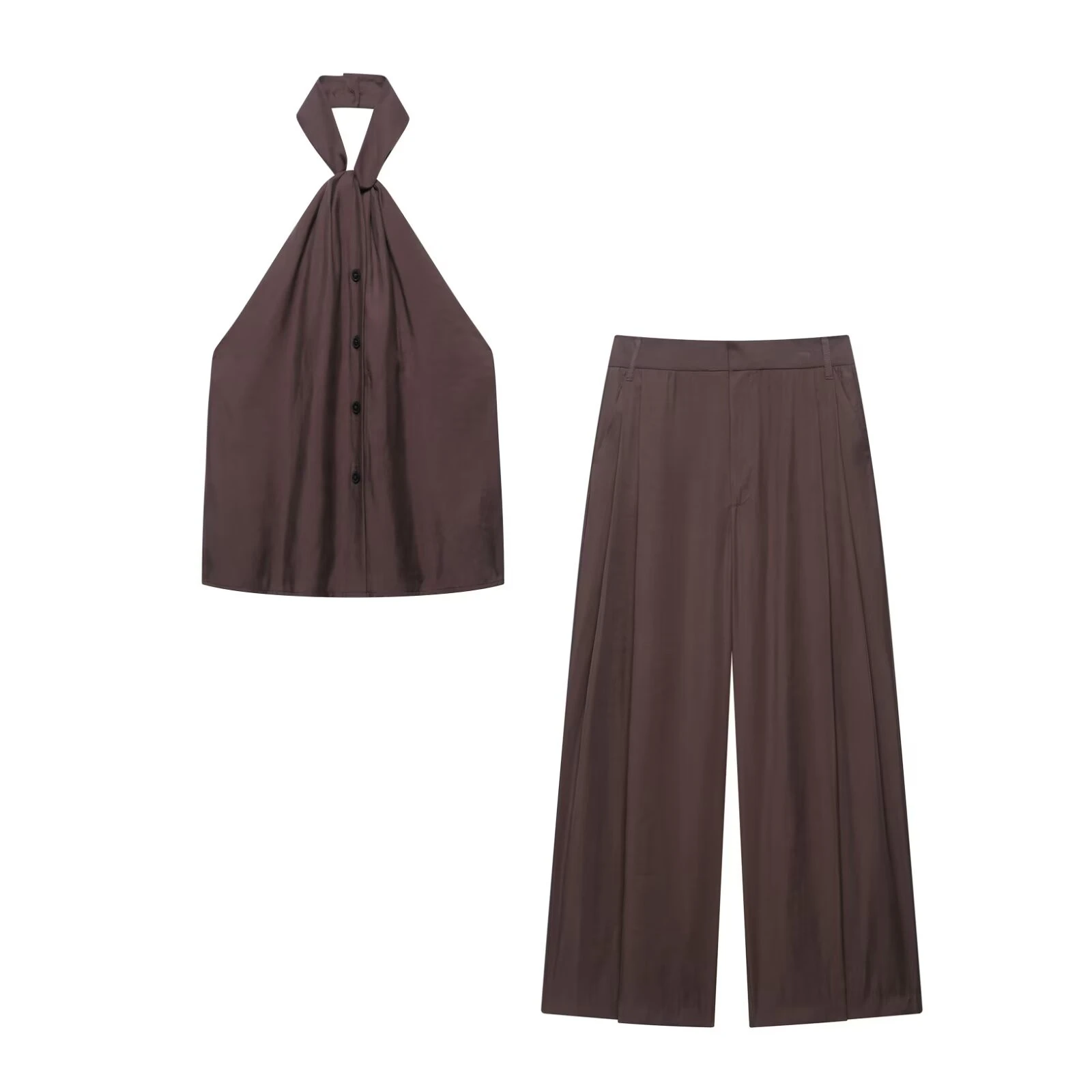 

2025 Women Summer Wide Leg Pants Sets Asymmetrical Sleeveless Backless Coffee Top+Elastic Waist Pants Outfits