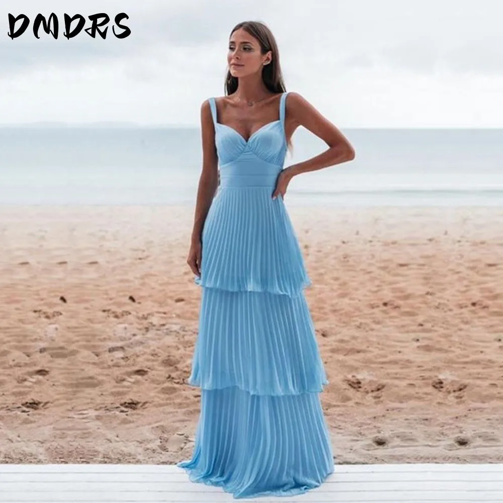 Hemelsblauw Vrouwen Formele Avondjurken Outdoor Chiffon Ruche Lange Prom Jassen Nieuwe Met Gala Nacht Bruiloft Feestkleding